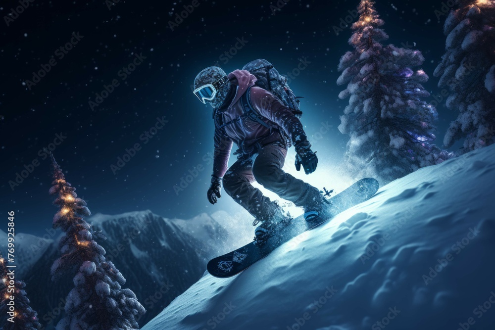 Person snowboarding down snow-covered mountain with Christmas lights in background.