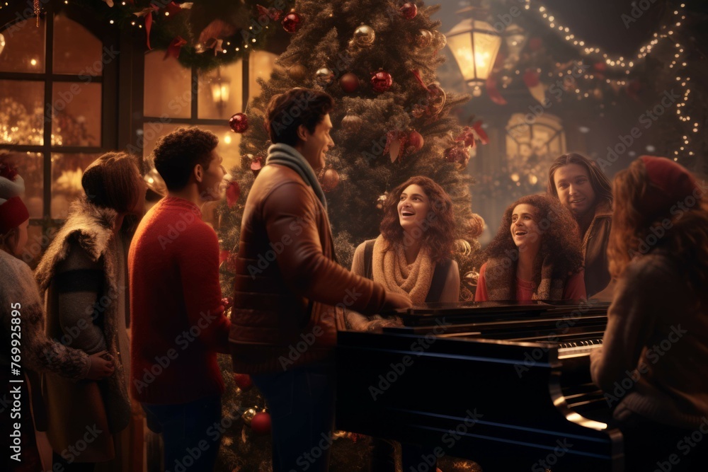 People singing Christmas carols around piano People singing Christmas carols around piano