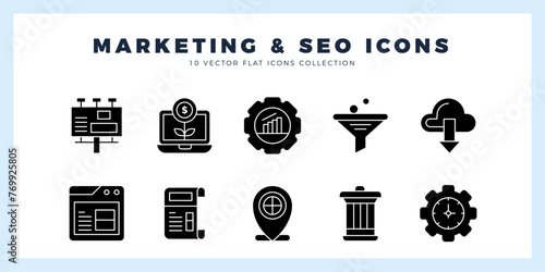 10 Marketing and Seo Glyph icon pack. vector illustration.