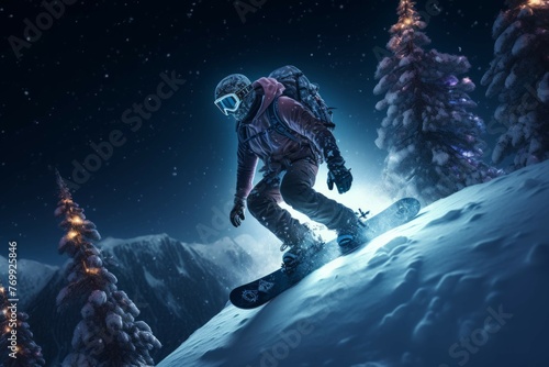 Person snowboarding down snow-covered mountain with Christmas lights in background. © Michael Böhm