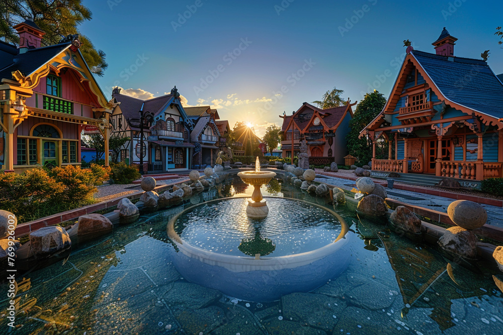 A small, vibrant town square surrounded by miniature, colorful houses with intricate details on their facades, set under a clear blue sky with