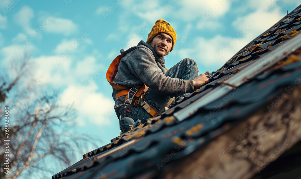 A man repairs an old roof on a house A man repairs an old roof on a house
