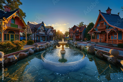 A small, vibrant town square surrounded by miniature, colorful houses with intricate details on their facades, set under a clear blue sky with