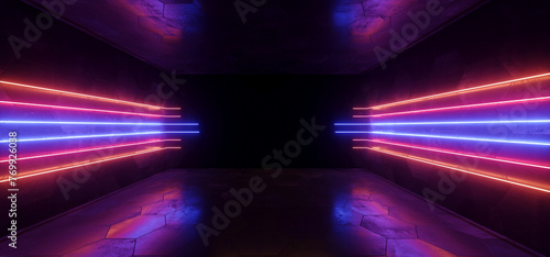 Neon Lasers Glowing Electric Lights Vibrant Blue Purple In Room Dark Showroom Podium Stage Product Background Sci Fi Futuristic 3D Rendering