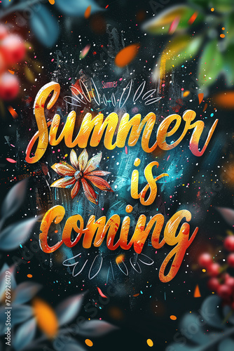 Illustration with a colorful lettering - Summer is coming in chalk design style on a black background. The pattern is perfect for the design of posters, cards, banners, chalk boards