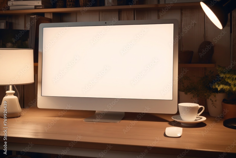 Fototapeta premium A mockup of a blank computer screen sitting on a table, in a home office setup.