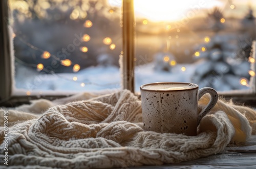 A cup of hot coffee with milk on the table, a winter landscape outside the window