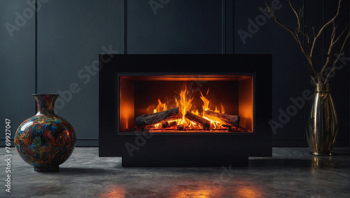 Modern, self-contained, portable fireplace on the floor. photo