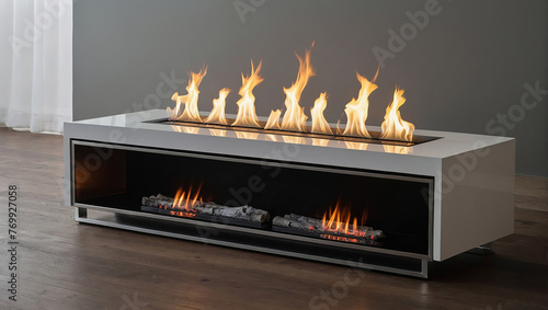 Fashionable modern fireplace with open fire.