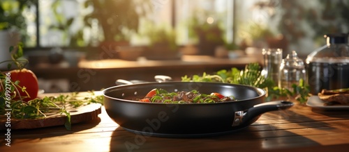 Electric frying pan on table with blurred kitchen background