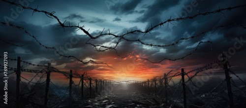 A barbed wire fence silhouetted against a beautiful sunset sky, with cumulus clouds and a dusky horizon creating a stunning natural landscape