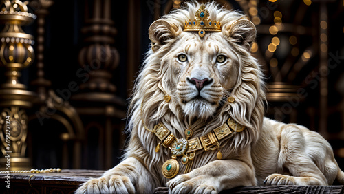 Majestic White Lion with Jewel-Studded Gold Necklace and Royal Crown photo