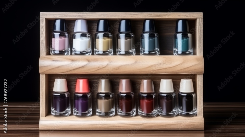 An elegant display of diverse nail polish bottles on a wooden shelf, showcasing a range of colors from vibrant to dark tones