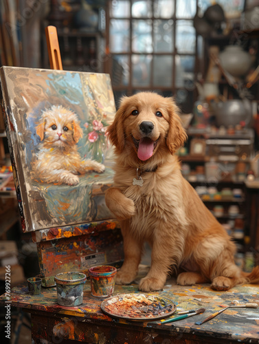 an artist's baby golden retriever dog painting a large portrait of Baby cat ,generative ai