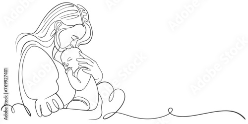 Mother and baby line art. Mom hugs child. Motherhood and newborn concept. Happy mother line vector illustration. Parent loving kid, happy mother day design for card