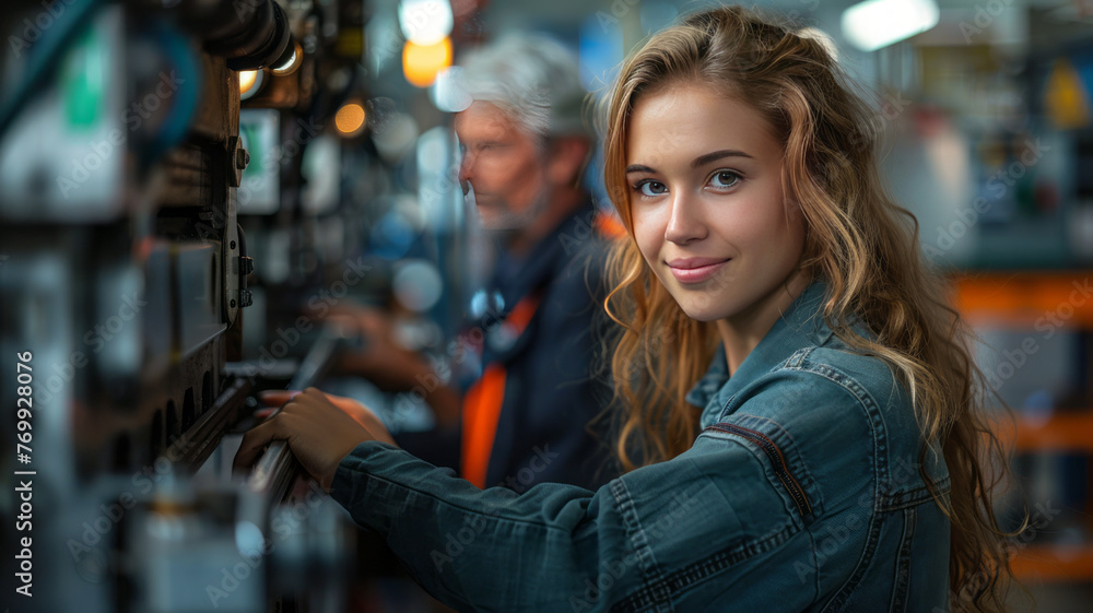 a woman is working at a CNC machine in the workshop of an aluminium processing company.generative ai a woman is working at a CNC machine in the workshop of an aluminium processing company.generative ai