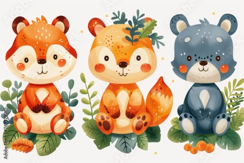 This set of cute animals is arranged on a white background. photo