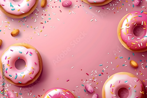 3d donuts food. Different dimentional realistic glossy plastic flying doughnuts. Chocolate, strawberry and cream flavor photo