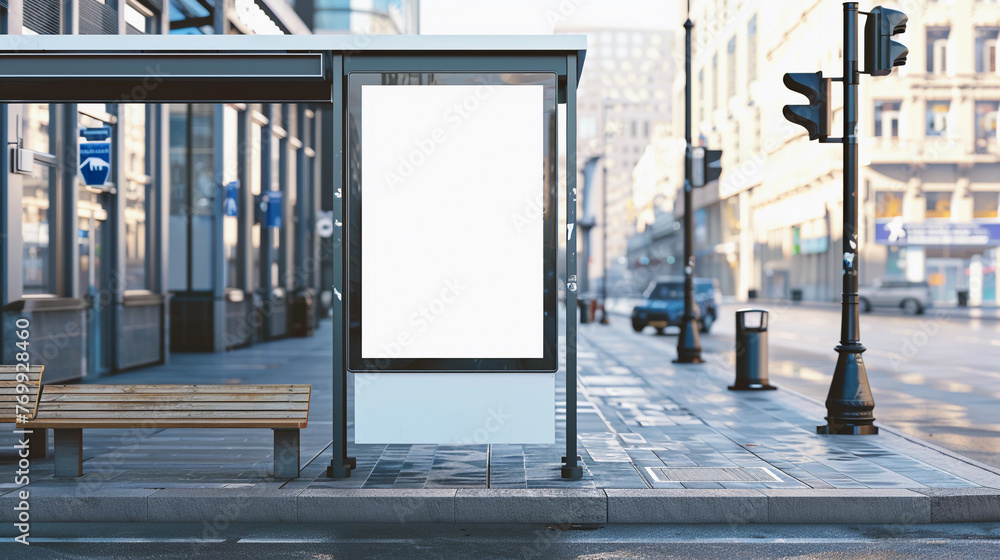 Vertical blank white billboard at bus stop on city street. In the background buildings and road. Mock up. Poster on street next to roadway. Sunny summer day. Vertical blank white billboard at bus stop on city street. In the background buildings and road. Mock up. Poster on street next to roadway. Sunny summer day.