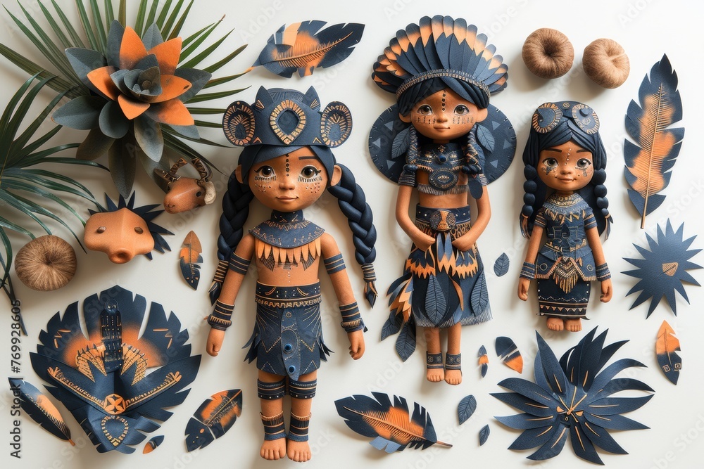 A set of cute cartoon girls and boys, as well as animals, from a tribal culture