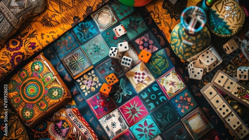 color photo of an exquisite gameboard featuring a fusion of cultural motifs and artistic expressions