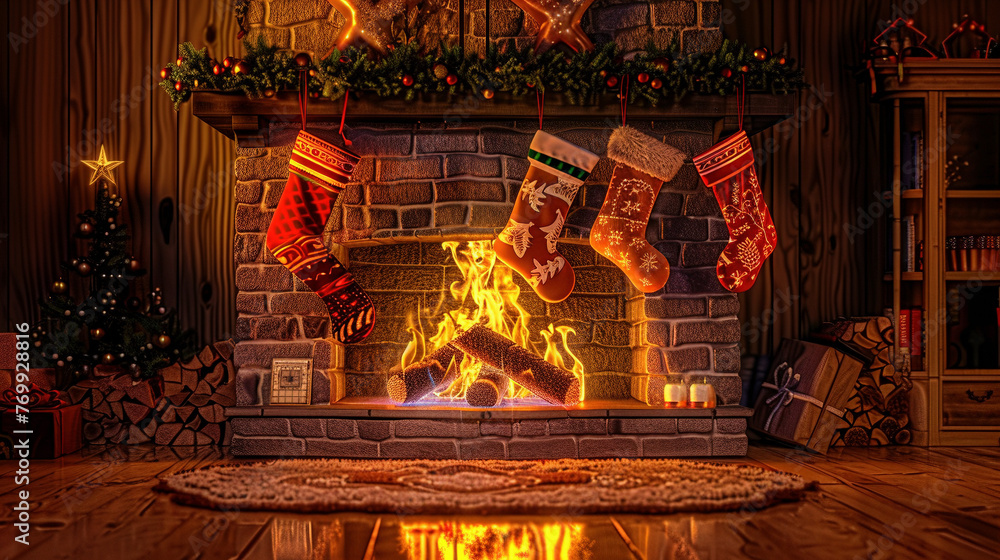 Cozy Fireplace with Festive Stockings