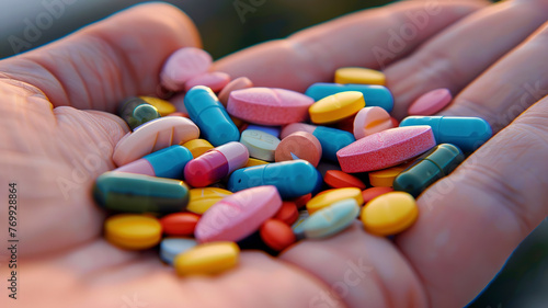 close up of ahand with pills, colored pills in the hand, pills background, hand holding pills