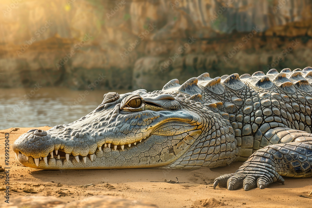Fototapeta premium A crocodile laying on the sand with its mouth open