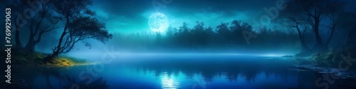 Abstract colorful colorful blurred illustration of blue summer night on river, background for social media banner, website and for your design, space for text.  © La_Valentina