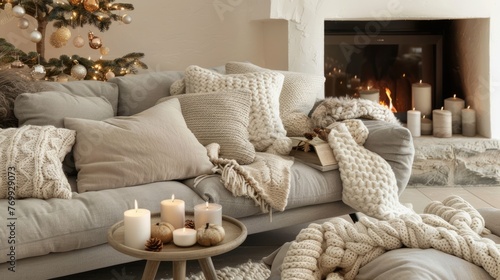 A grey sofa with soft cushions, an oversized knitted blanket draped over the armrests, and a small coffee table beside it holding candles