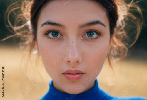 Close Up of womam With Blue Eyes. A detailed view of a persons face, highlighting their striking blue eyes. photo