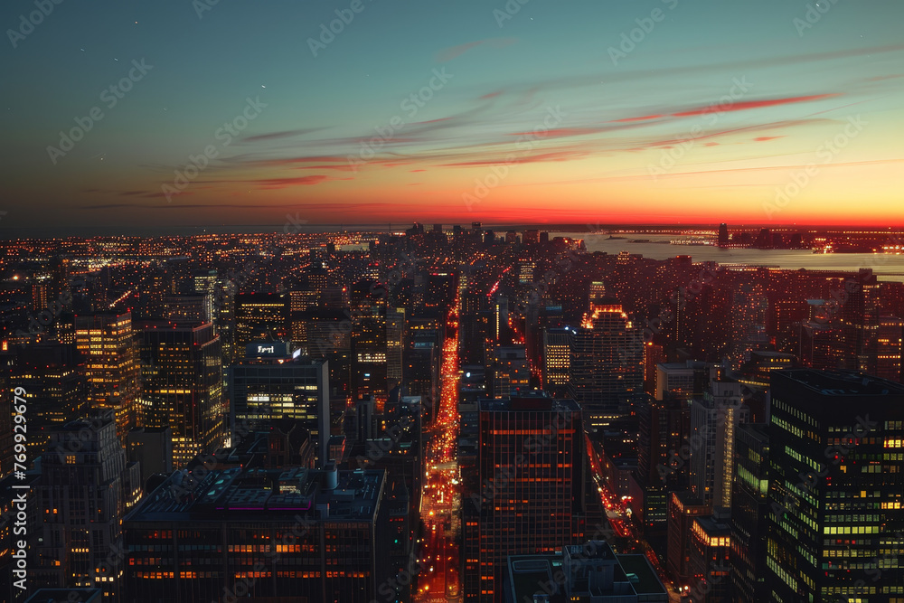 A city skyline at night with a beautiful sunset in the background