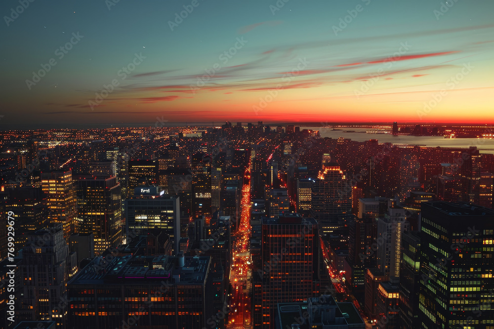 Fototapeta premium A city skyline at night with a beautiful sunset in the background