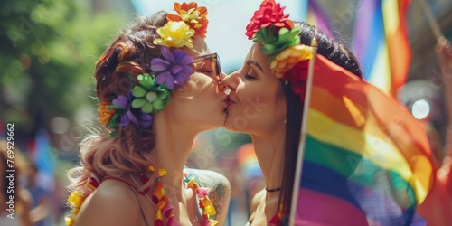 Cute lesbian girls couple kissing and celebrating on pride parade, Vogue magazine style photo, blurred background