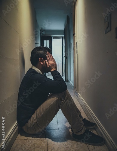 Sad Middle Aged Man Sitting on the Floor In the Hallway of His Appartment, Covering Face with Hands. Atmosphere of Depression