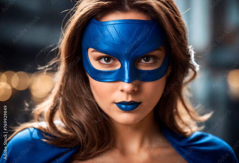 A determined superheroine stands poised in her vibrant blue outfit and mask. A determined superheroine stands poised in her vibrant blue outfit and mask.