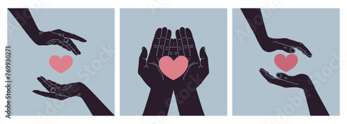 Heart between human hands. Hands holding a heart. Symbolizing love, care and charity. Vector illustration
