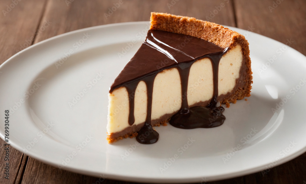 A piece of cheesecake topped with decadent chocolate sauce served on a pristine white plate. A piece of cheesecake topped with decadent chocolate sauce served on a pristine white plate.