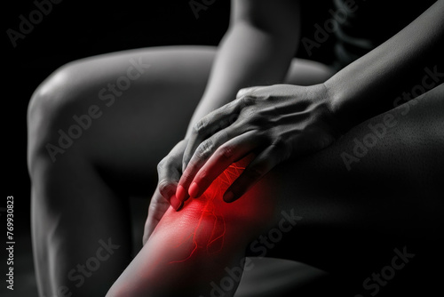 Man holds his painful knee while sitting, pain glows red, black and white, medicine, advertising
