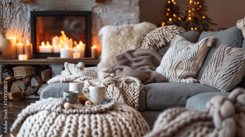 A grey sofa with soft cushions, surrounded by warm blankets and pillows in front of the fireplace, creating an inviting atmosphere for relaxation and comfort