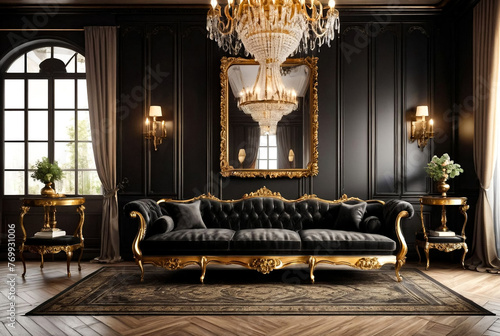 Vintage interior with antique furniture on black background. Old gondola sofa, chandelier and candelabra on table by huge mirror. Gold in black. Copyright space. Large space for inscription or logo photo
