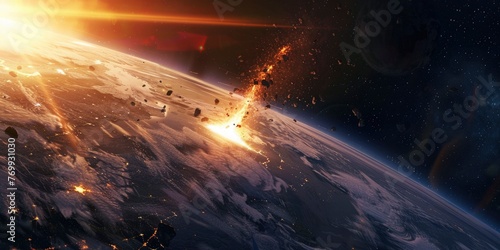 Meteorite falling on planet Earth, a second before the disaster, view from space, realistic graphics