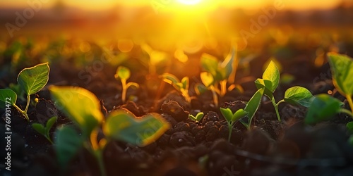 Soybean Sprouts Reaching for the Sun: A Close-Up View in an Open Field at Sunrise. Concept Agriculture, Sunlight, Plant Growth, Nature Photography, Morning Light