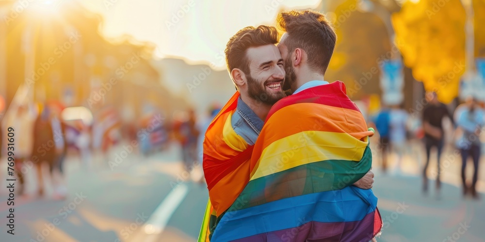 Two beautiful gay men hugging while wrapped in an LGBT flag on pride parade, professional photo, blurred background