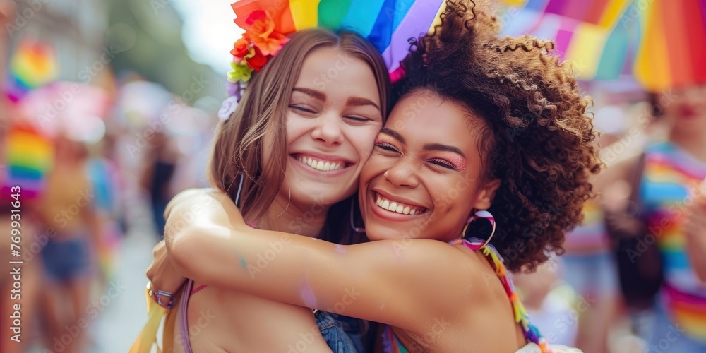Two beautiful lesbian girls hugging and celebrating on pride parade, Vogue magazine style photo, blurred background