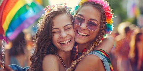 Two beautiful lesbian girls hugging and celebrating on pride parade, Vogue magazine style photo, blurred background photo