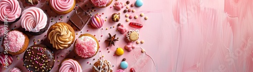 A pink background with a variety of cupcakes and other desserts