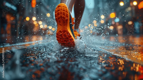 Orange running shoes. Close up of female legs running on wet road.