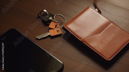 A tasteful display of personal effects  with a tan leather wallet and black smartphone atop a wooden desk  portraying a professional s everyday carry.