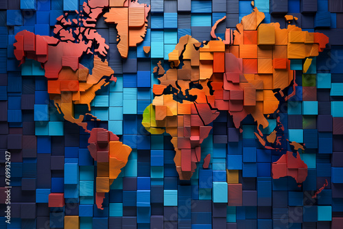 Fototapeta Naklejka Na Ścianę i Meble -  World Map Crafted from Wooden Cubes, Symbolizing Intricate Global Logistics, Economic, and Political Relationships.